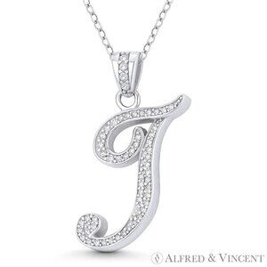 Initial Letter "T" Cursive Script CZ Crystal Pendant in .925 Sterling Silver